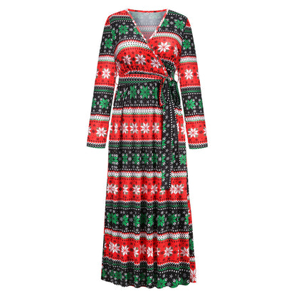 Christmas Print Dress Autumn Winter New Fashion V-Neck Long Knit Waist Dress jd
