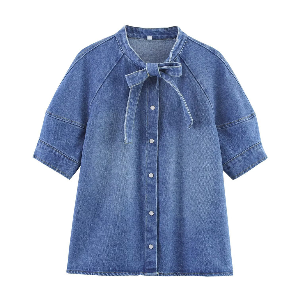 Bow tie denim shirt+skirt set