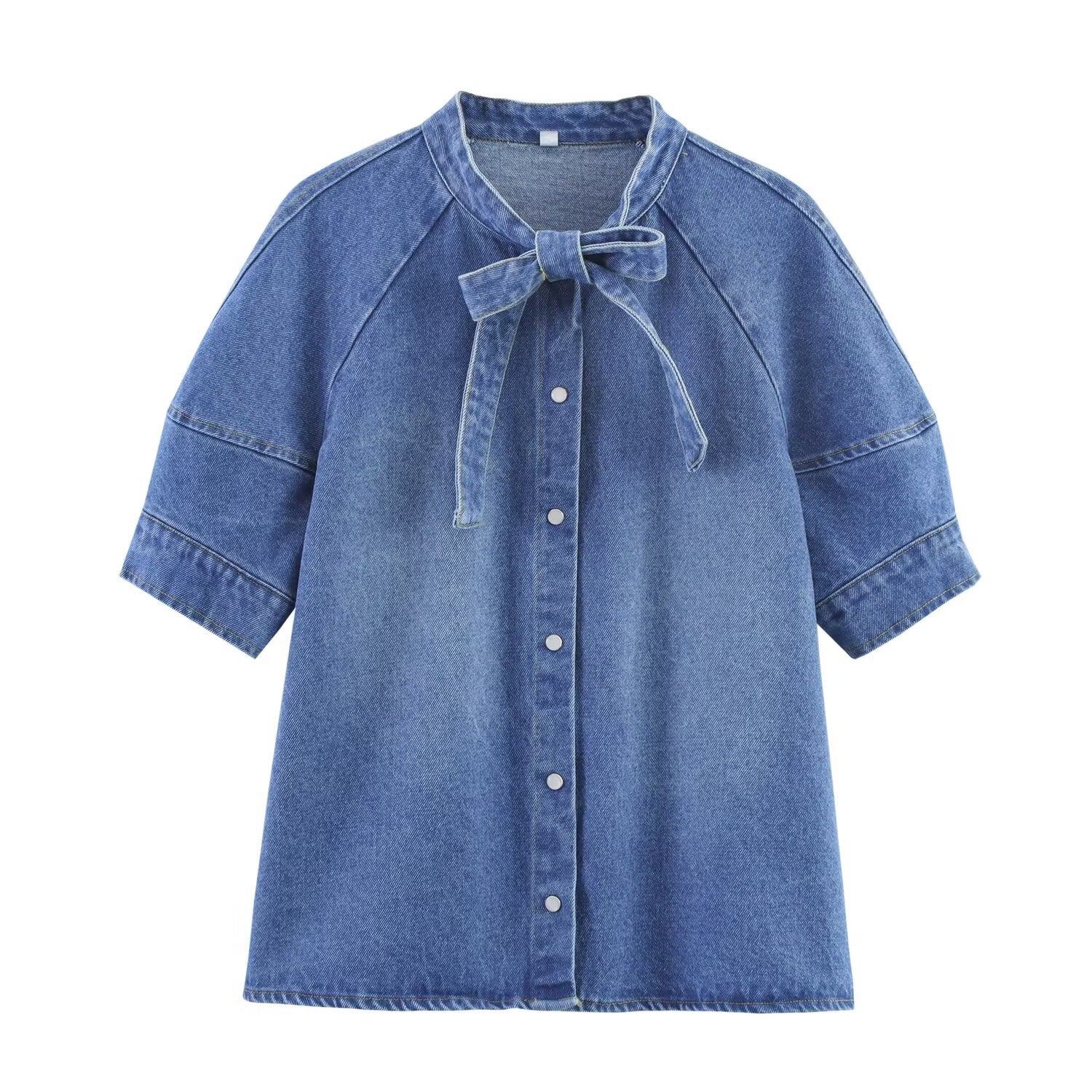 Bow tie denim shirt+skirt set