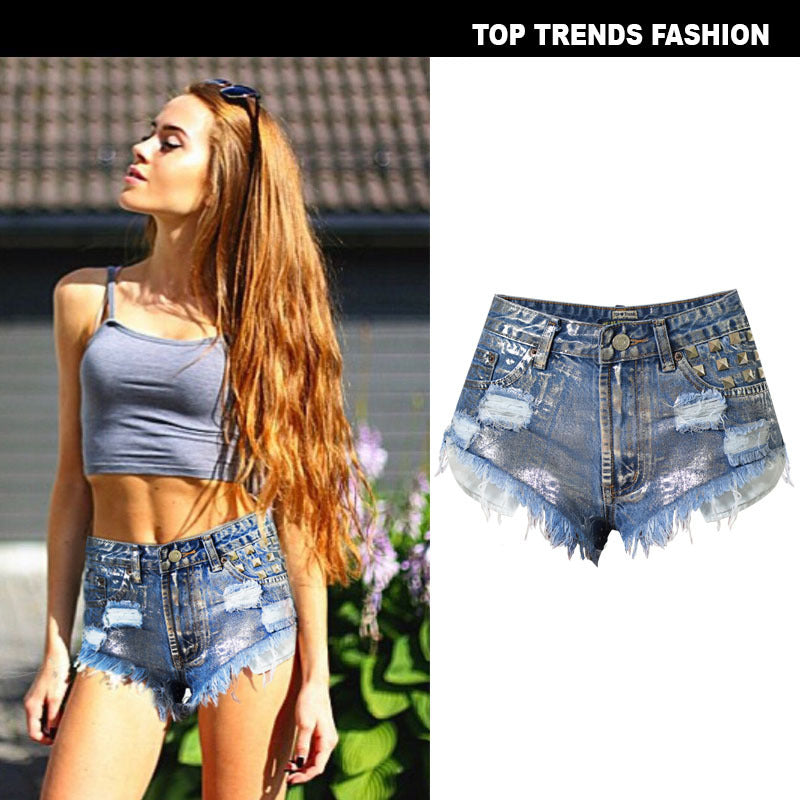 Women's High Waist Slim Frayed Rivets Denim Hot Pants RJ