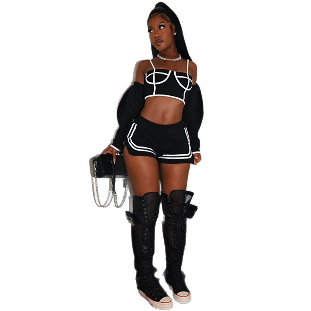 Fashionable Long Sleeve Turn-Down Collar Outerwear with Strap Inner Top and Slim Fit Sport Shorts Set for Women