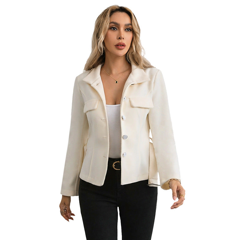 Elegant commuting style with lace up stand up collar solid color woolen coat by eprolo