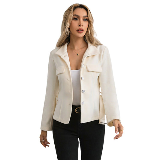 Elegant commuting style with lace up stand up collar solid color woolen coat by eprolo