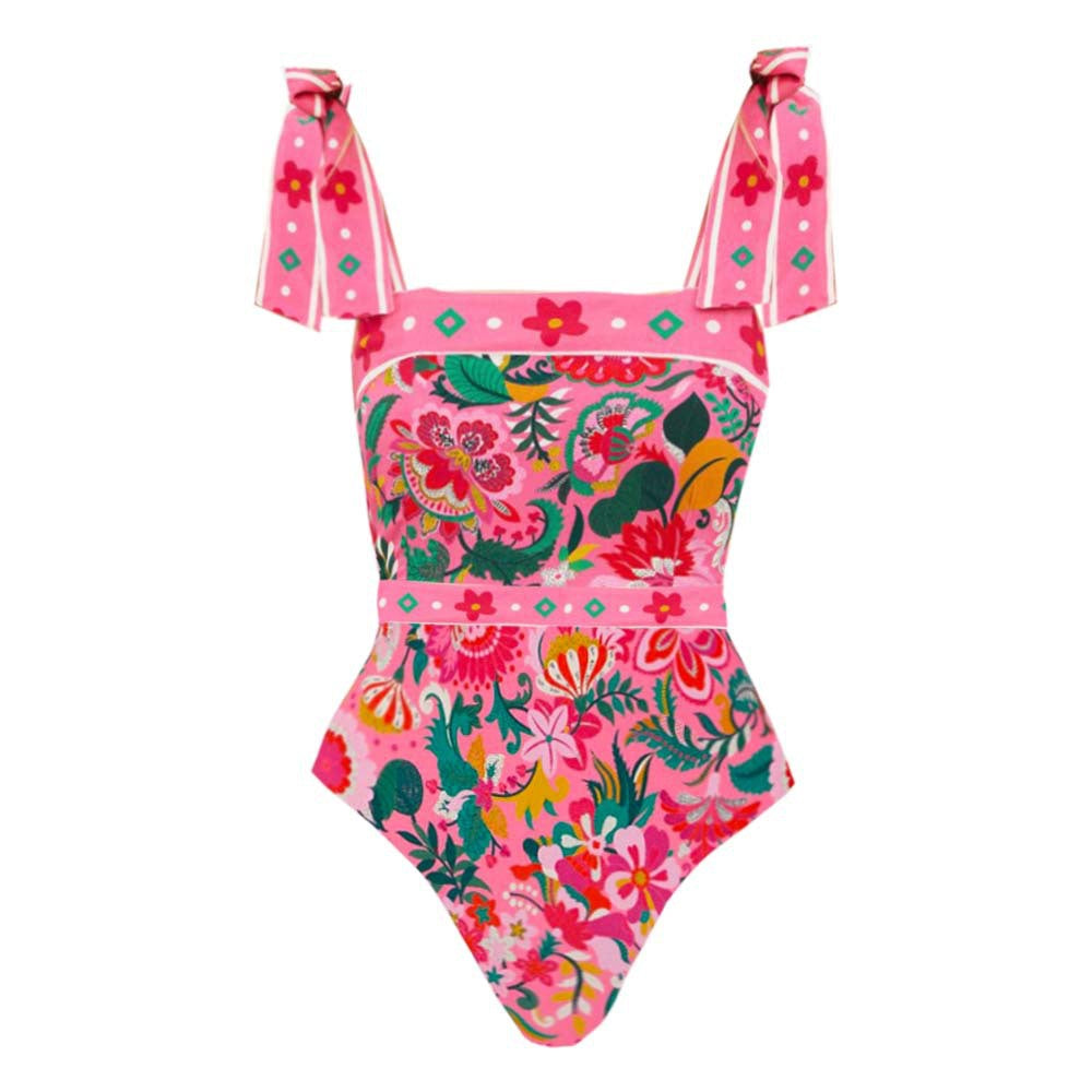 Print Strap Bow Detail One-piece Women's Swimwear by eprolo