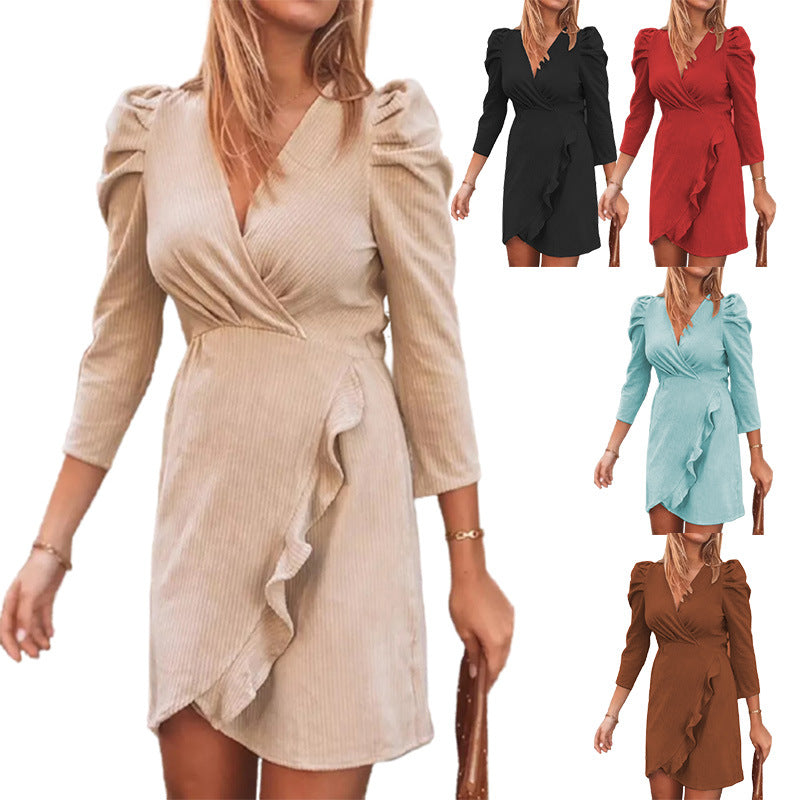 Solid Color V-neck Long-sleeved Ruffled Women's Dress by DERILUJA LLC