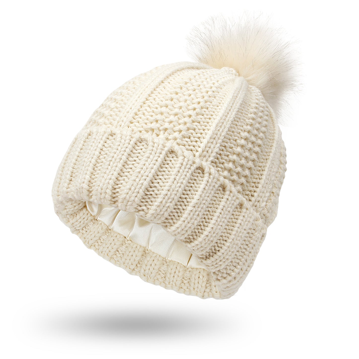 Winter Knitted Hats Fashion Stretchy Lined Skull Hats For Women Faux Fur Pom Pom Hat Keep Warming Beanie Hat by DERILUJA LLC