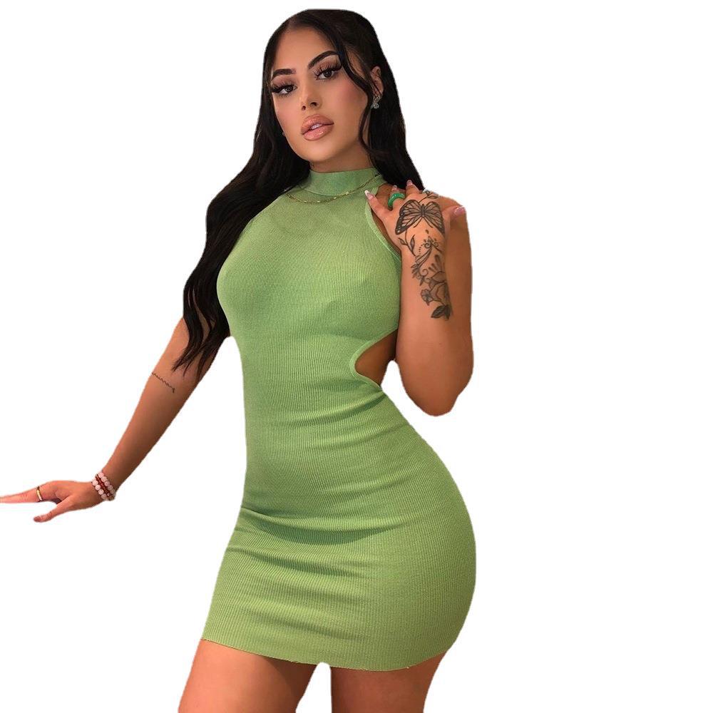 Women's High Neck Hollow Wrapped Breastless Back Mid Waist Pack Hip Dress by DERILUJA LLC