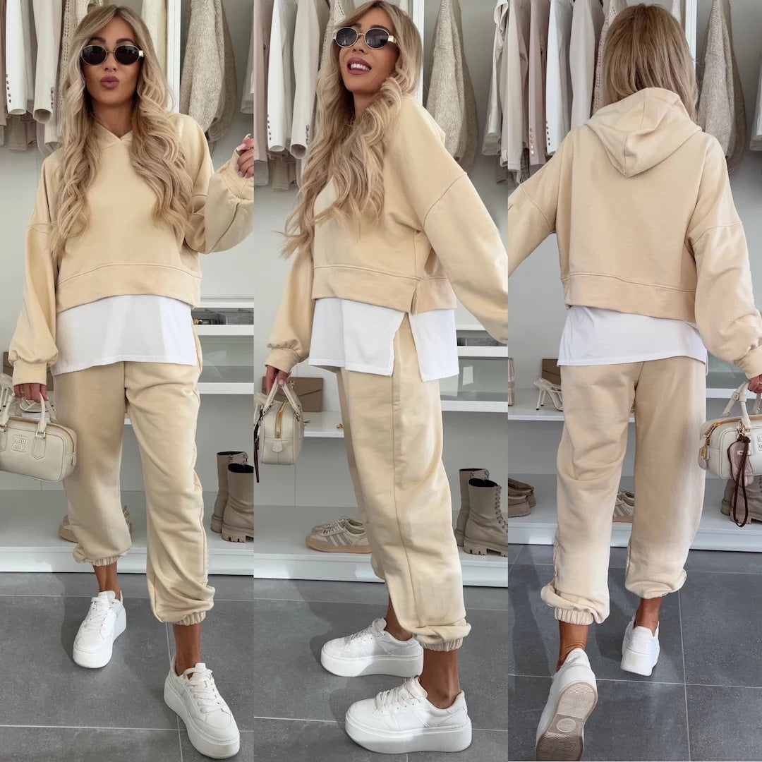 Hooded Sweatshirt Suit Loose Long Sleeve False Two-piece Tops And Jogger Sports Trousers Casual Spots Set For Women's Clothing