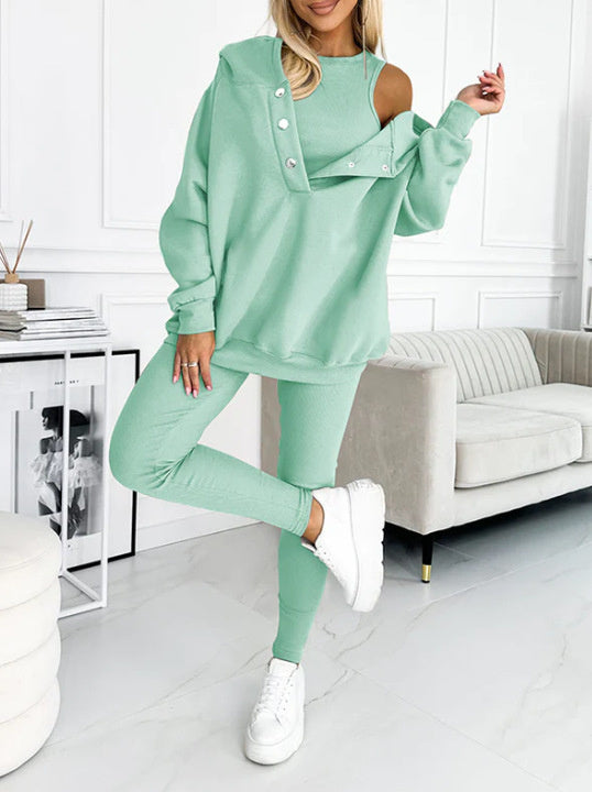 3pcs Women's Sports Suit Loose Hooded Pockets Sweatshirt And Vest And Slim Trousers by My Store