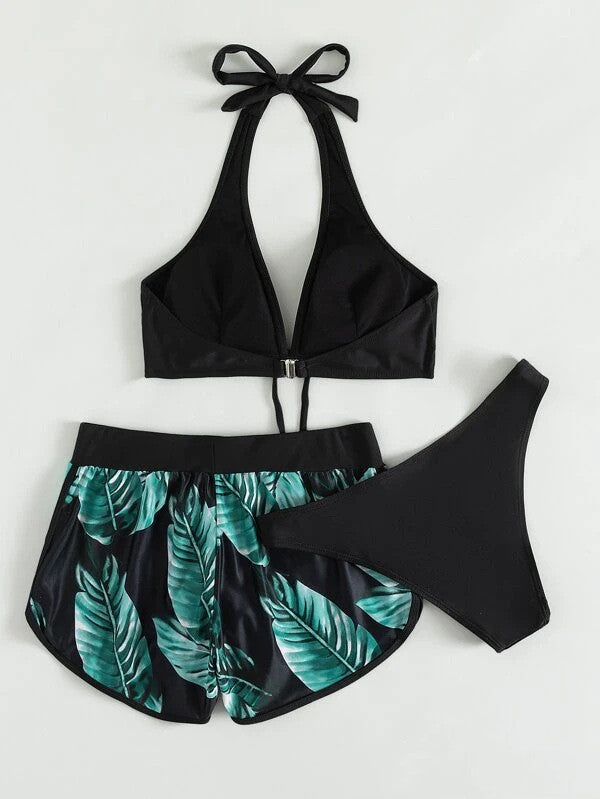 3pcs Leaf Print Bikini With Shorts Fashion Summer Beach Swimsuit Womens Clothing by DERILUJA LLC