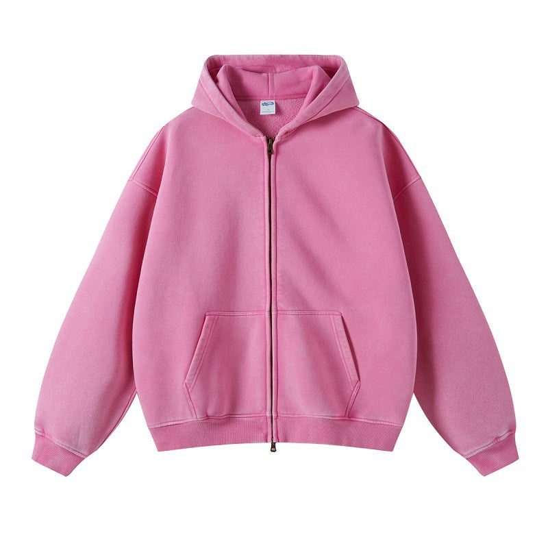 Solid color distressed fleece hoodie loose and versatile washed zipper sweatshirt for men by eprolo