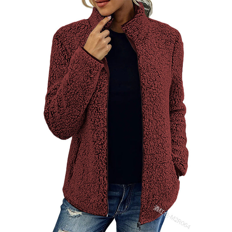 Fall Winter Warm Sweatshirt Stand Collar Solid Color Top Sweater Women's Casual Fashion Long Sleeve Zipper Bubble Velvet Coat Tops by My Store