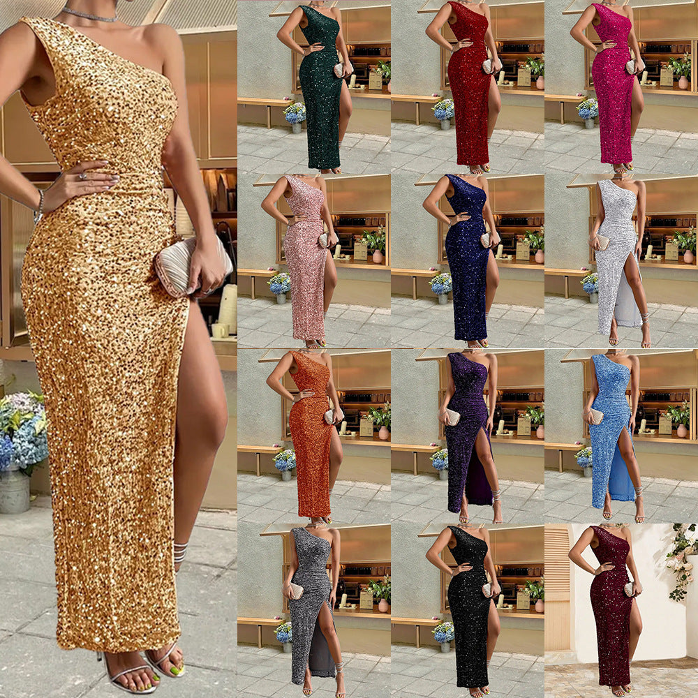 Elegant Sequined Shoulder Split Solid Color Dress Slim Club Party Dress Casual Asymmetric Sleeveless Long Dress by DERILUJA LLC