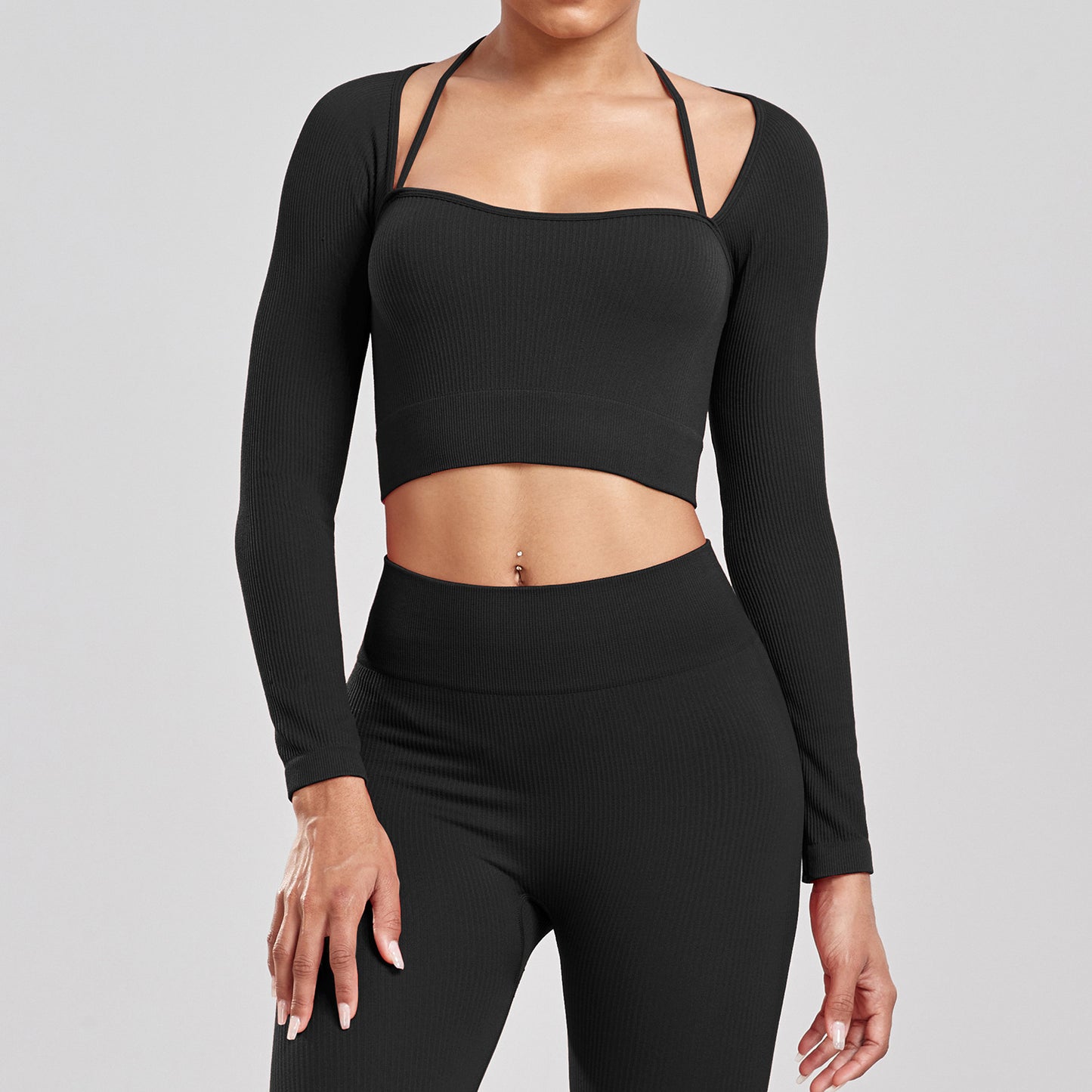 Sports Running Seamless Ribbed Long Sleeve Yoga Fitness Set, Bodycon High-Waisted Backless T-Shirt, Quick-Dry Workout Apparel by eprolo
