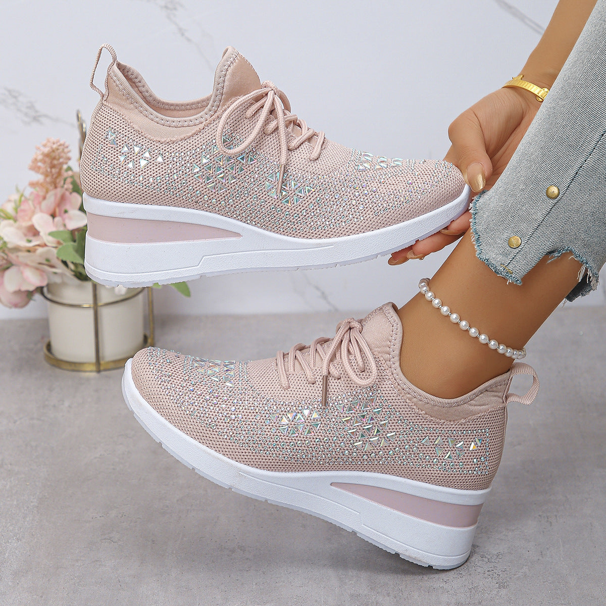 Ins Rhinestone Sneakers Fashion Lace Up Wedges Casual Shoes Women's Daily Commuting Sports Shoes by My Store