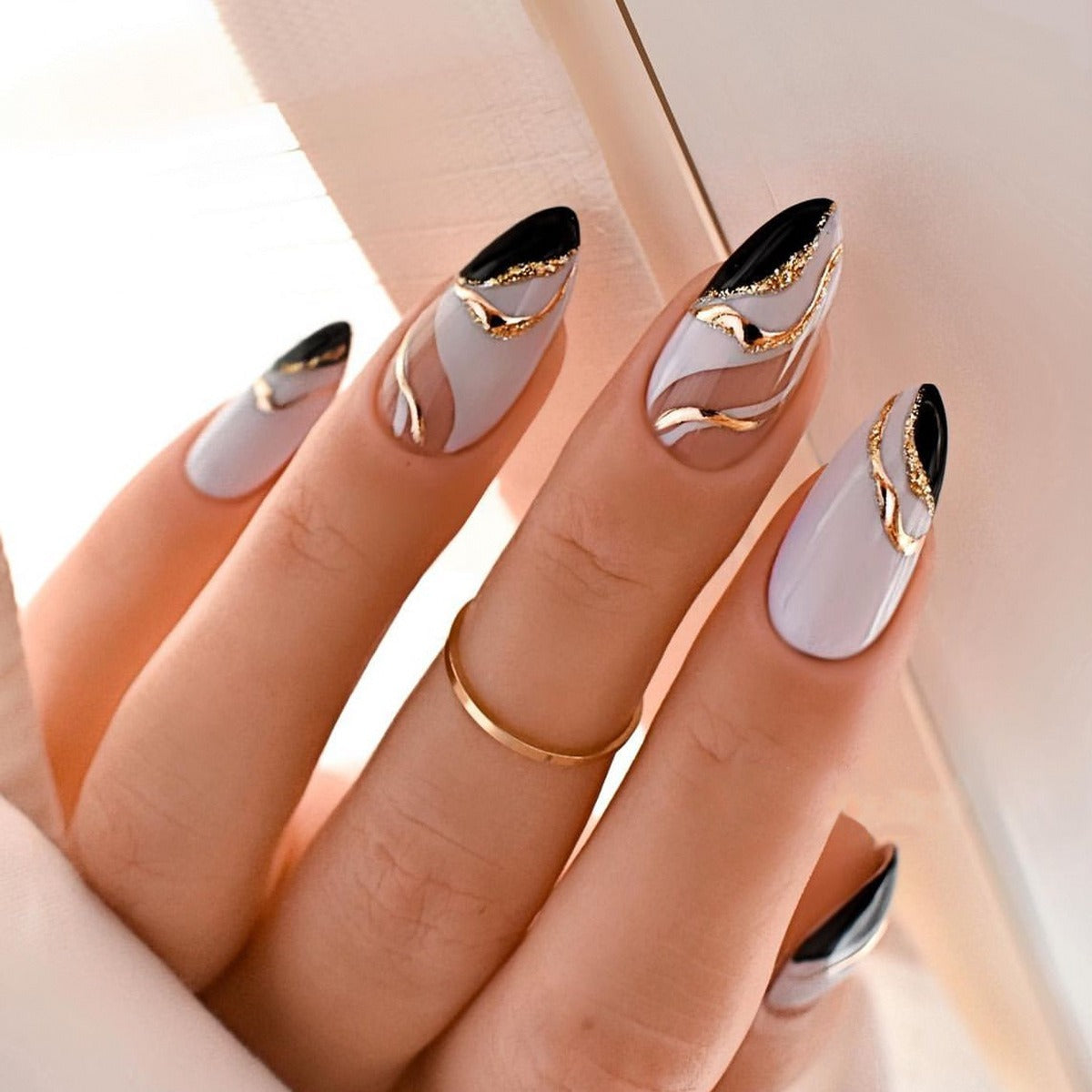 Almond-shaped French edge manicure, mandarin duck color gold corrugated fake nails finished product by eprolo