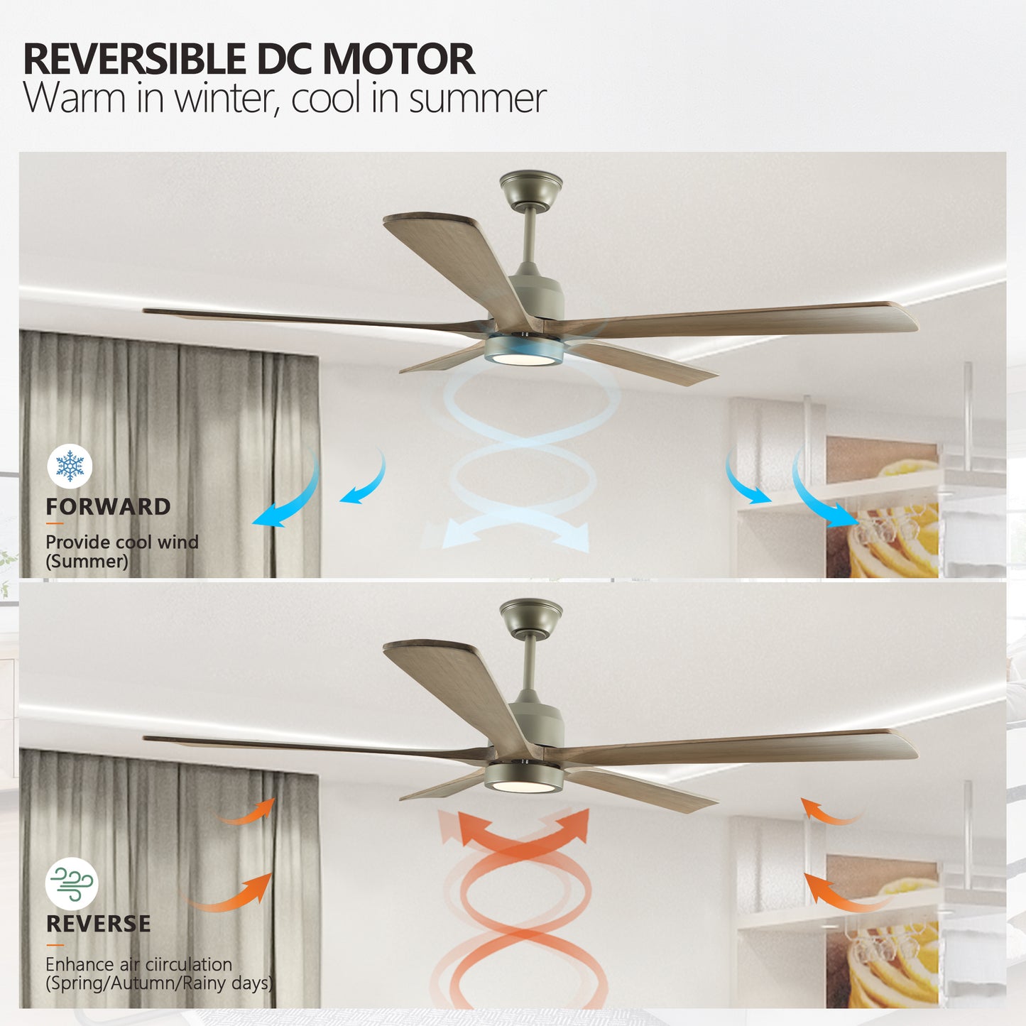 60 "modern wooden ceiling fan with lighting and remote control, 6-speed noiseless reversible DC motor ceiling fan by eprolo