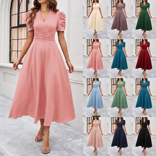 2026 Cross-Border Spring Summer Amazon Women's Fashionable And Elegant High-Waisted Solid Color Waist-Cinching Short-Sleeve Dress by DERILUJA LLC