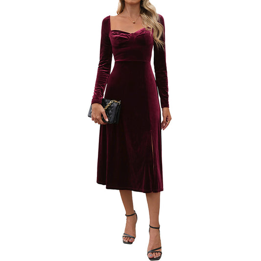 Vintage style split velvet solid color square neck evening dress by eprolo