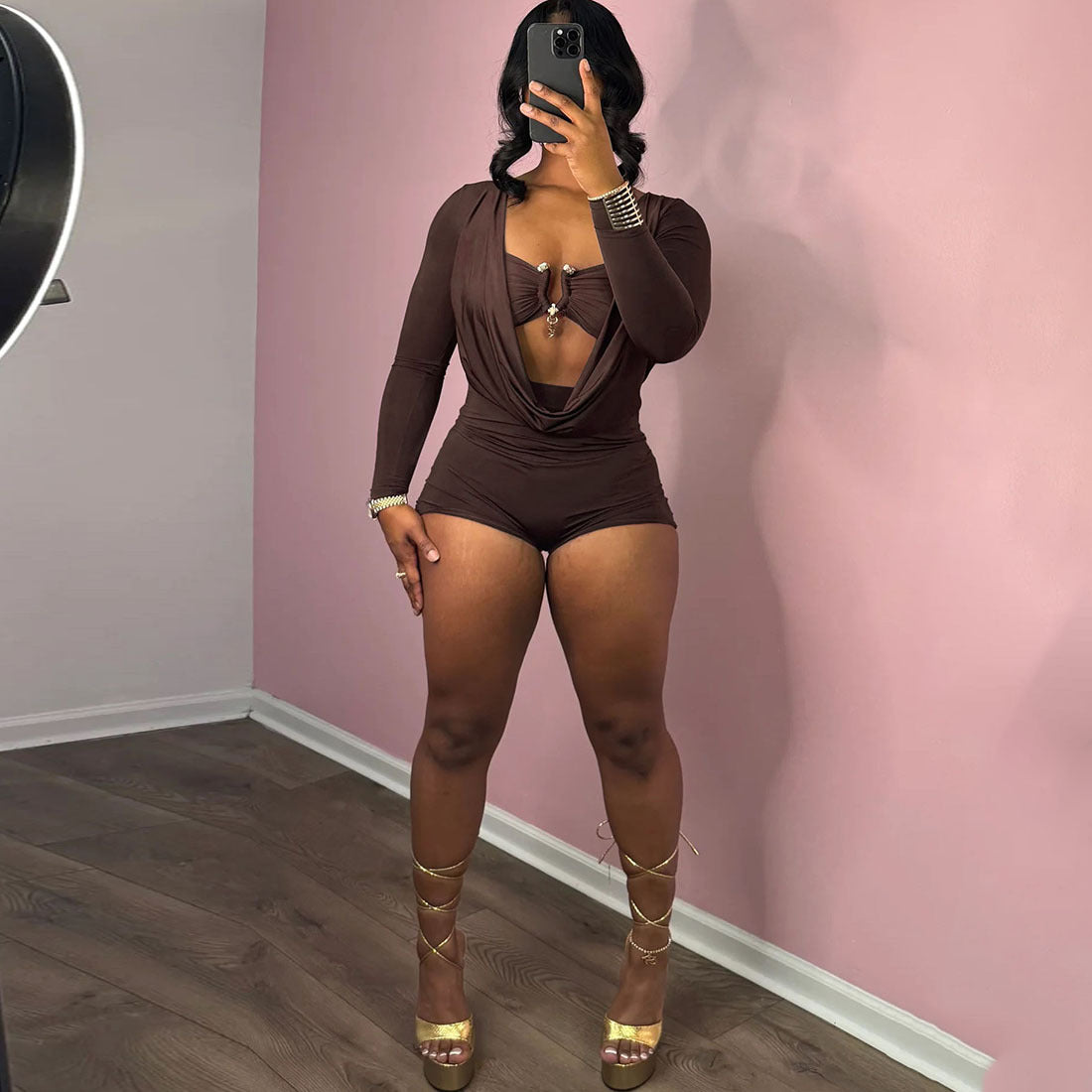 Spring Summer New Individual Street Deep V Low Cut Solid Color Slim Fit Bodycon Jumpsuit by eprolo
