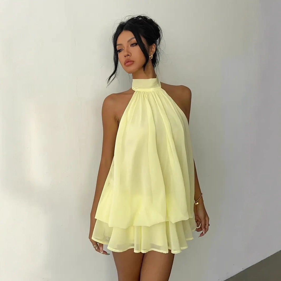 Women's vacation fitted sexy backless halter neck tie-waist dress with puffy short skirt by eprolo