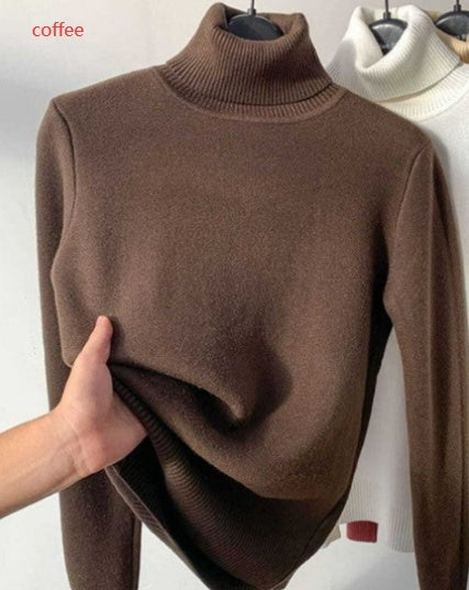 Fleece Turtle Neck Sweater Winter Warm Elegant Thick Knitted Pullover Tops Women's Clothing by DERILUJA LLC