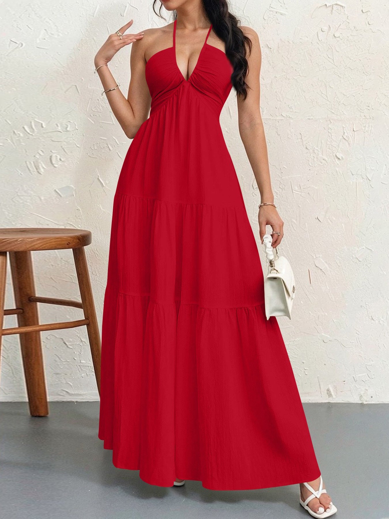 Backless Halterneck V-Neck Pleated A- Line Dress Women's Clothing One-Piece Dress Ankle-length Skirt For Beach Vacation Outfits by DERILUJA LLC