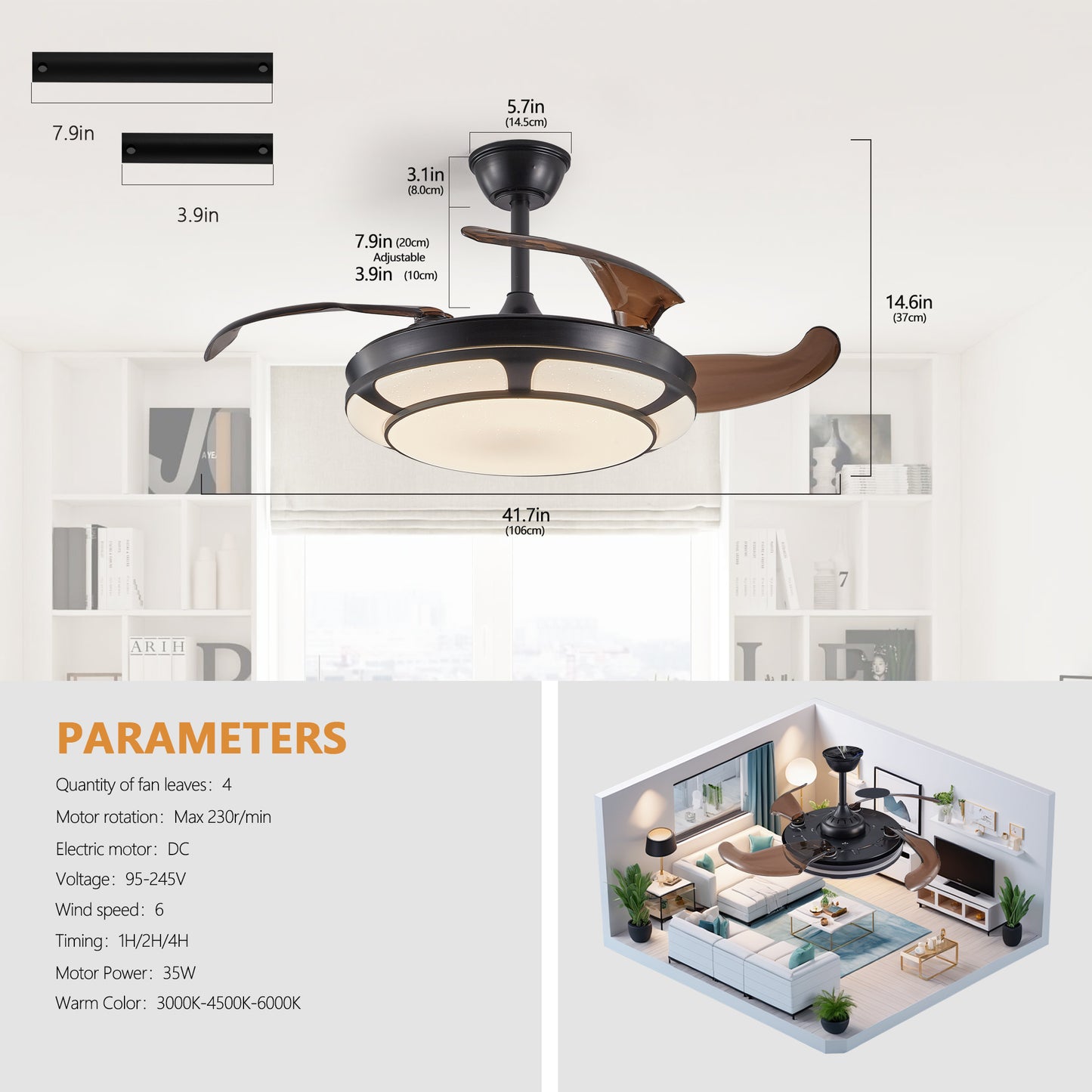 Modern Minimalist Invisible Ceiling Fan Light - Retractable Fan With LED Fixtures - For Living Room, Bedroom and Dining room by eprolo
