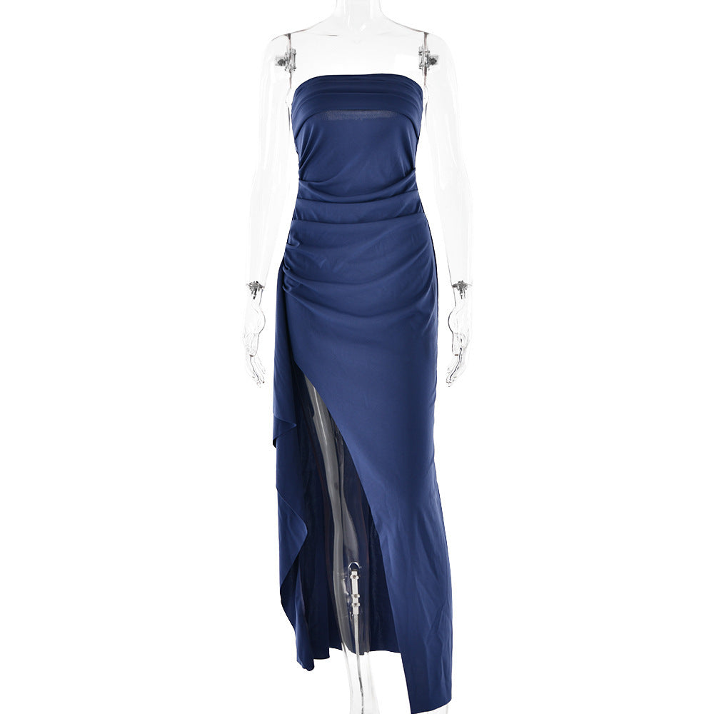 Strapless Split Long Dress Summer Fashion Pleated Bridesmaid Dress For Womens Party Wedding Clothing by My Store
