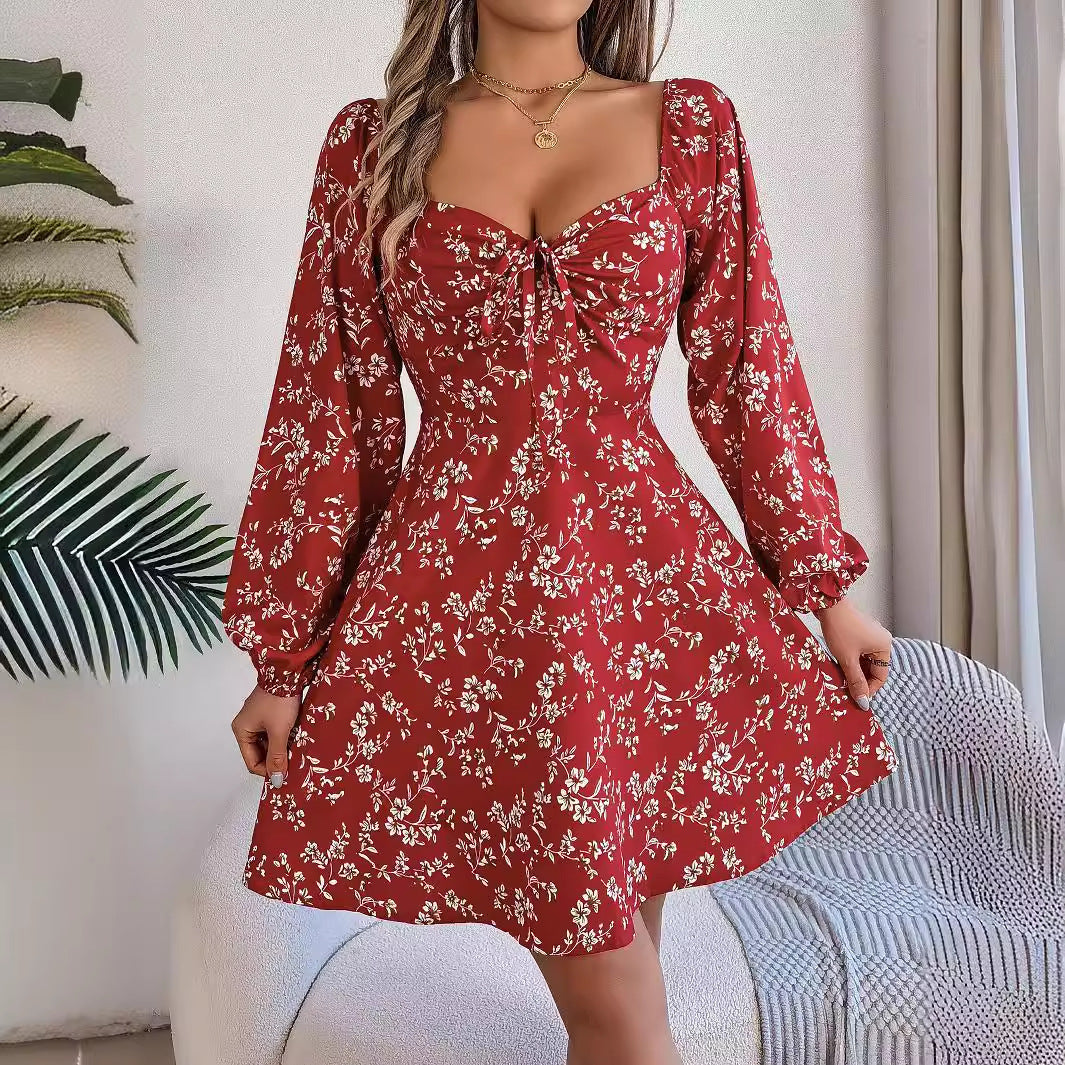 Fashion Floral Print Lantern Sleeve Dress Casual Sexy Tie Square Neck Long Sleeve A-Line Dress Women's Clothing by DERILUJA LLC