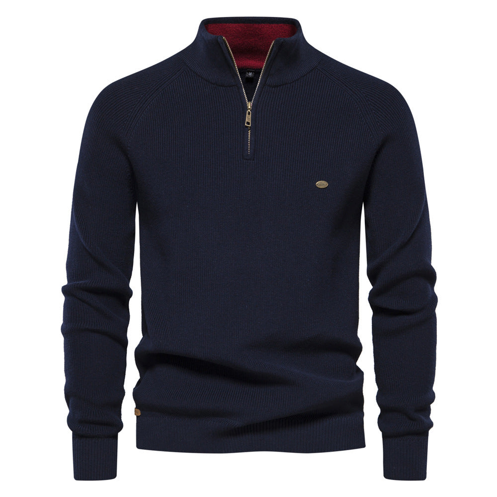 Men's Zipper Stand Collar Knitted Sweater Fashion Slim Solid Color Long Sleeve Half Turtleneck Top Men's Clothing by My Store