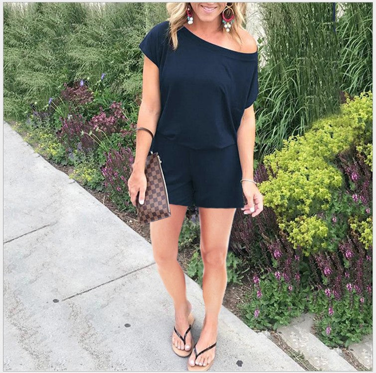 Fashionable Asymmetrical Shoulder Short Sleeve Pocket Women's Jumpsuit in 6 Colors