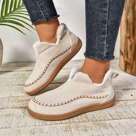 Fashion V-cut Plush Ankle Boots Winter Plus Velvet Flat Snow Boot Casual Warm Solid Suede Cotton Shoes For Women by DERILUJA LLC