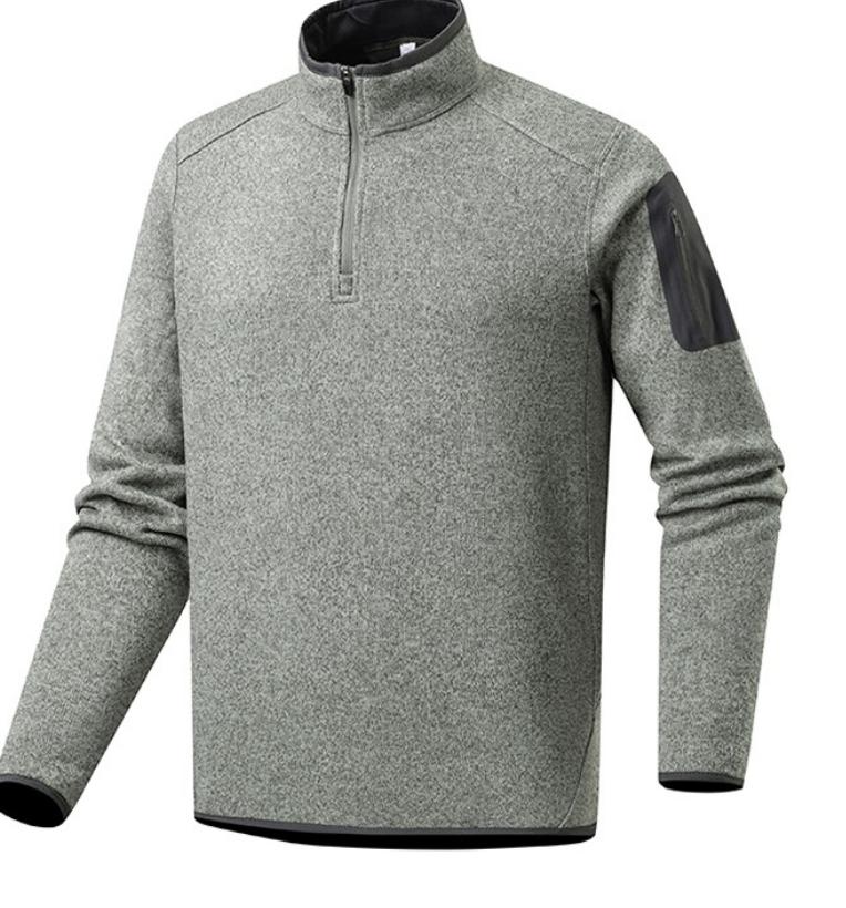 Men Quarter Zip Knit Fleece Pullover, Stand Collar Long Sleeve Sweater Jacket, Arm Zip Pocket, Warm Mid Layer For Hiking Camping Urban Daily Wear by DERILUJA LLC