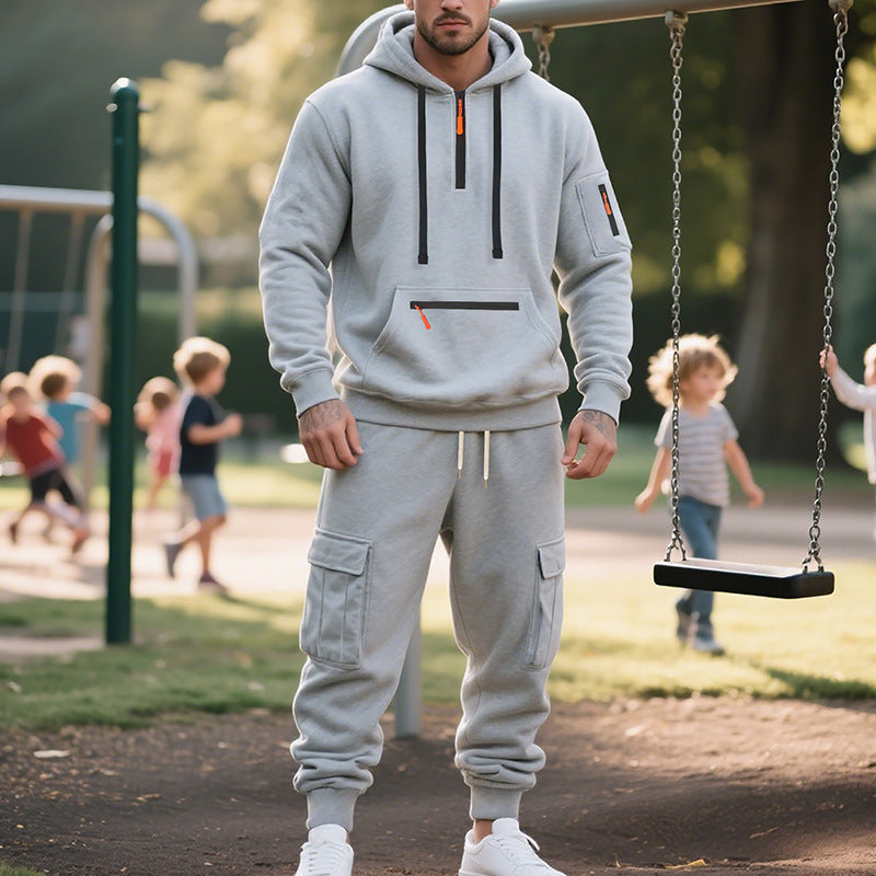 Men's Loose Sports And Leisure Suit Sweater Fleece-lined Hoodie Set Zipper Multi-Pocket Pullover Men's Sports Casual Top Two-piece Set by My Store