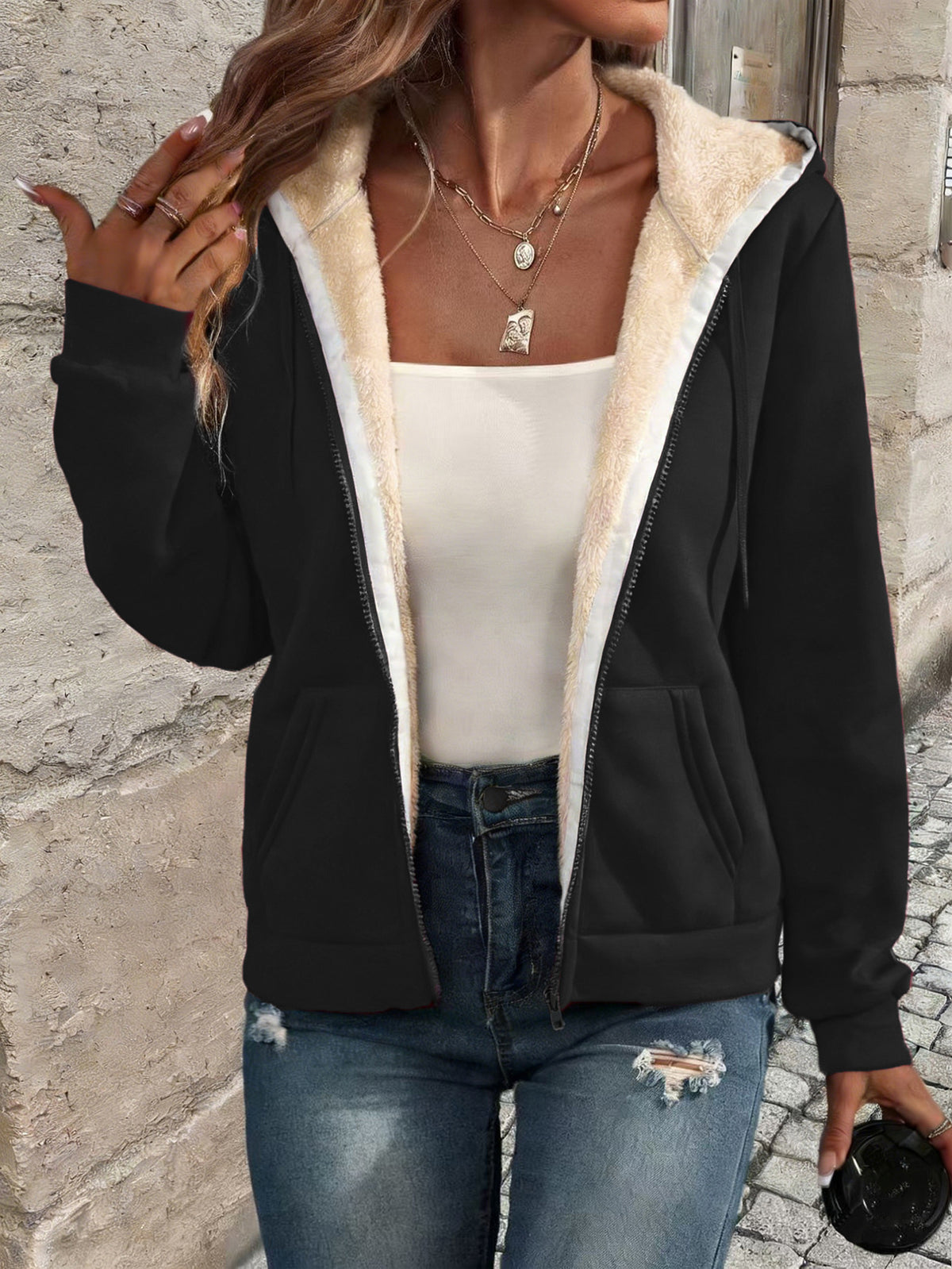 Autumn Winter Fleece-Lined Warm Casual Womens Sweater Zip-Up Jacket by DERILUJA LLC