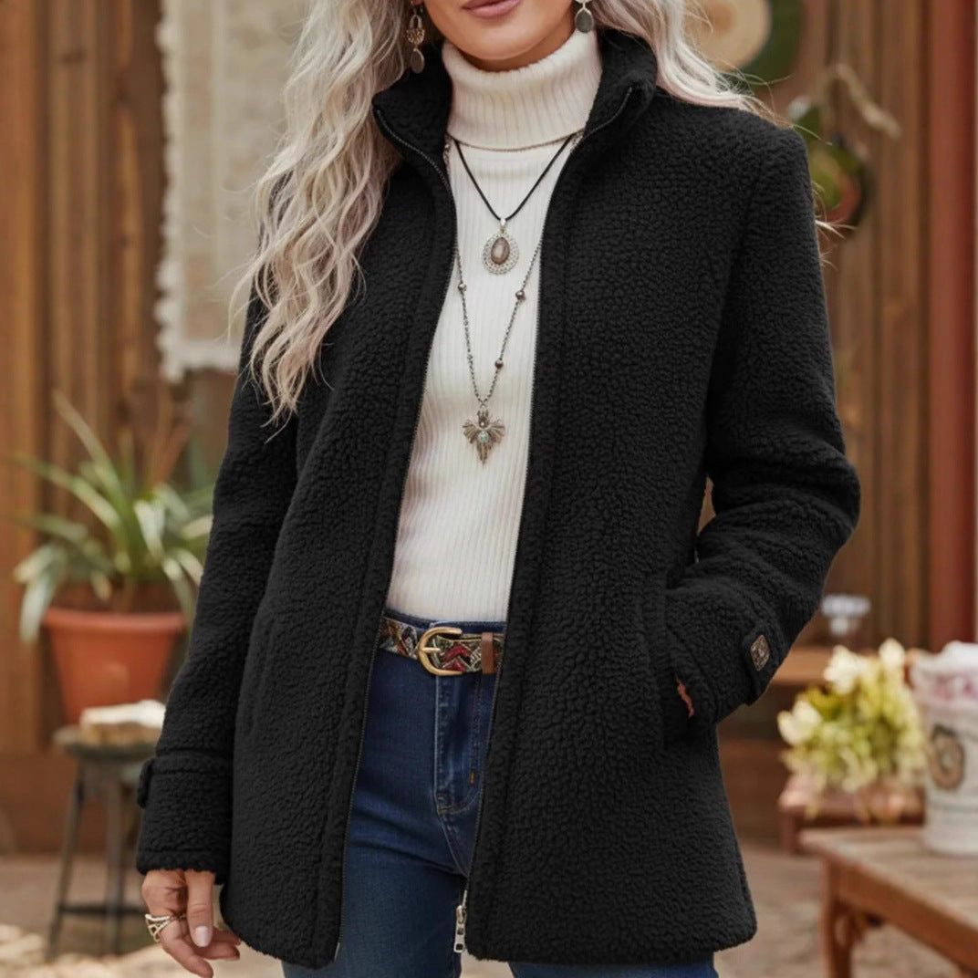 Fleece Zip-Up Jacket Women's Stand Collar Solid Color Loose Fit Casual Long Sleeve Outerwear Clothing by DERILUJA LLC