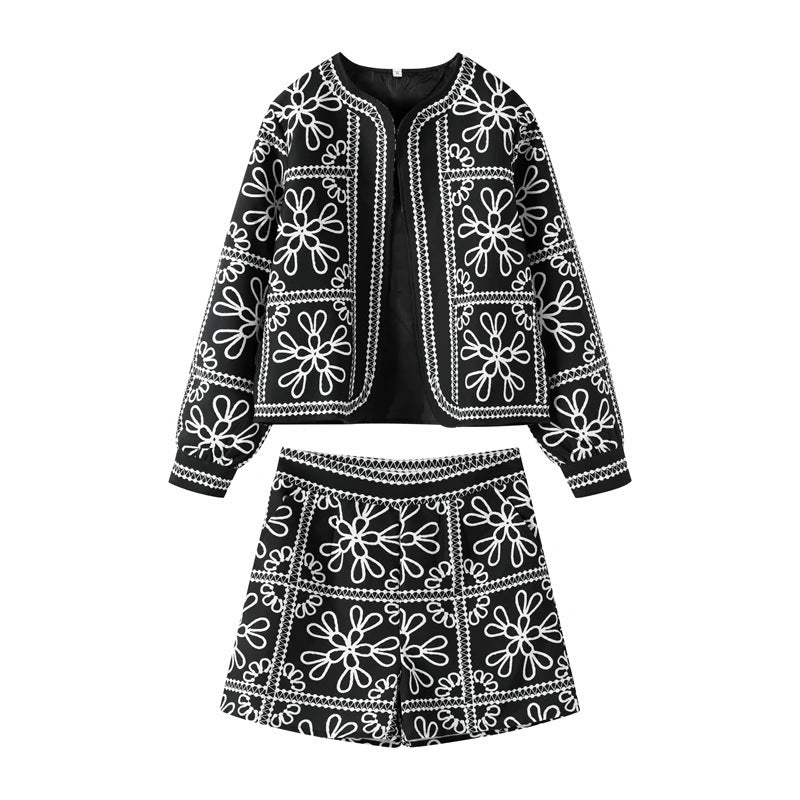 Fashion Casual Print Color-block Cotton Coat Shorts Set by eprolo