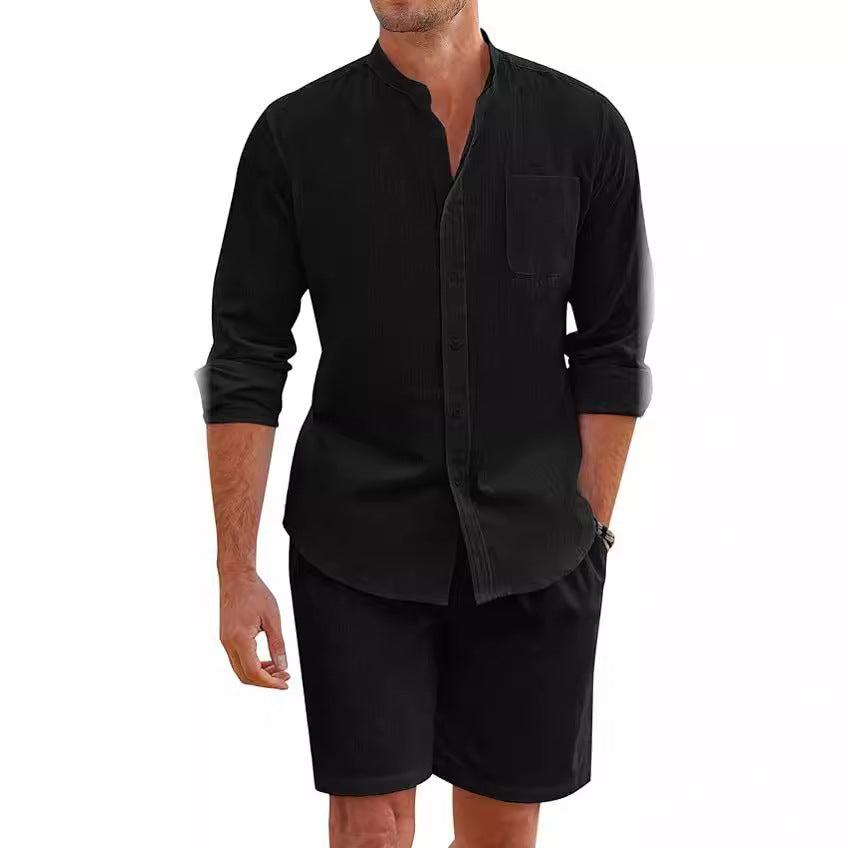 Casual Men's Summer Two-Piece Set Polyester Button-Up Long Sleeve Shirt and Shorts Cardigan Simple Leisure Beachwear by eprolo