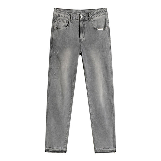 High-Quality Washed Light Gray Distressed Solid Color Denim Jeans with Raw Hem, Basic Casual Long Pants by eprolo