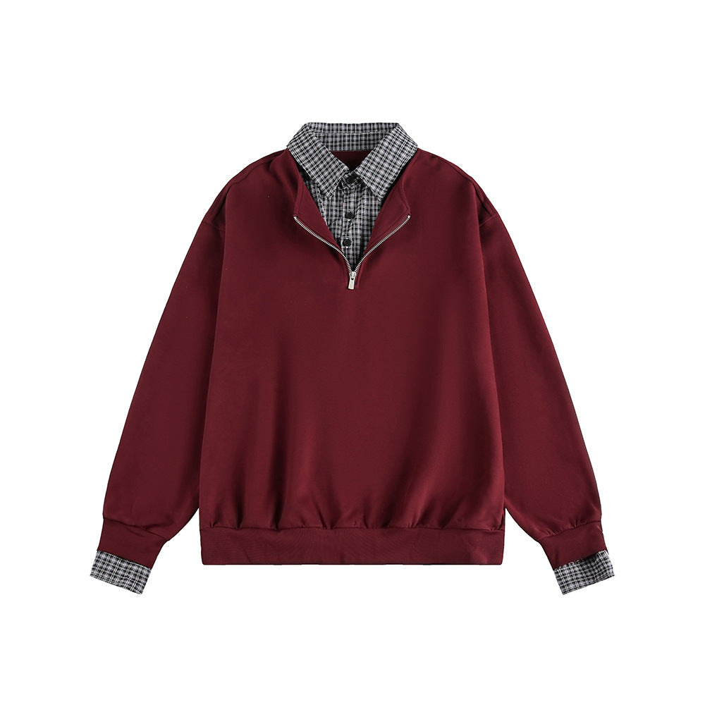 Checkered Spliced Mock Two-Piece Old Money Style Polo Neck Pullover Hoodie