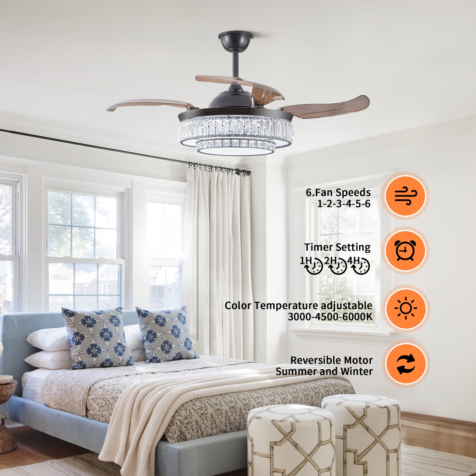Modern LED retractable ceiling fan with lighting and remote control, silent reversible motor, 4-blade modern ceiling fan by eprolo