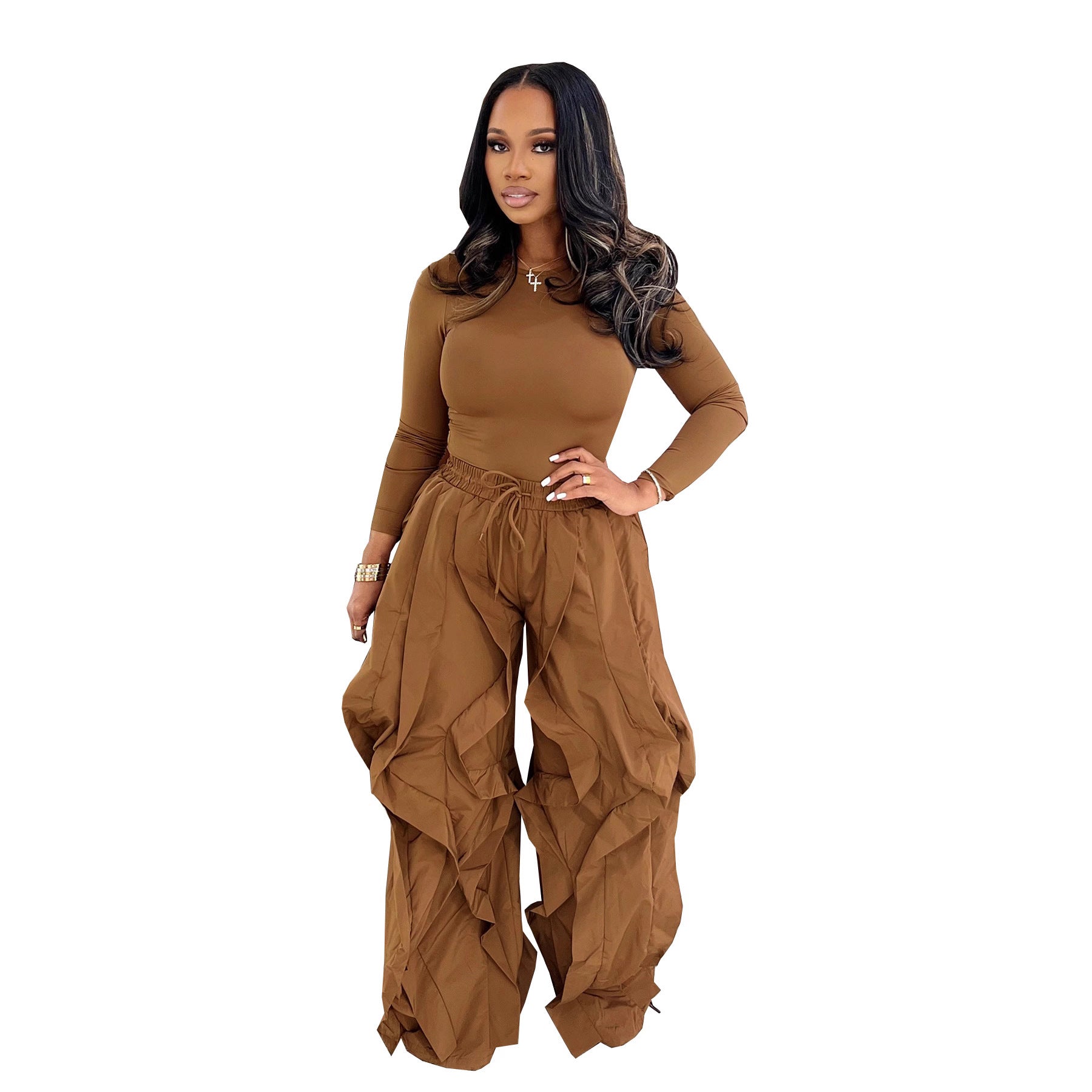 Women's Slim Fit Top with Wide Leg Patchwork Lace Pants, Casual Office Outfit for Autumn and Winter by eprolo