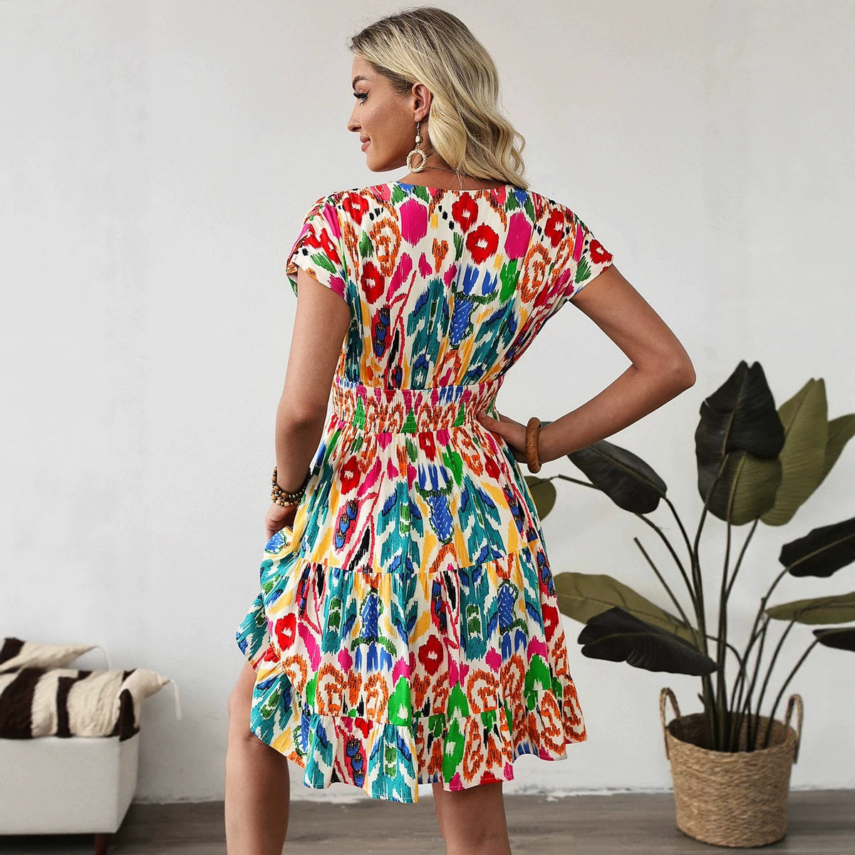 Printed French-Style Elegant V-Neck Dress by DERILUJA LLC