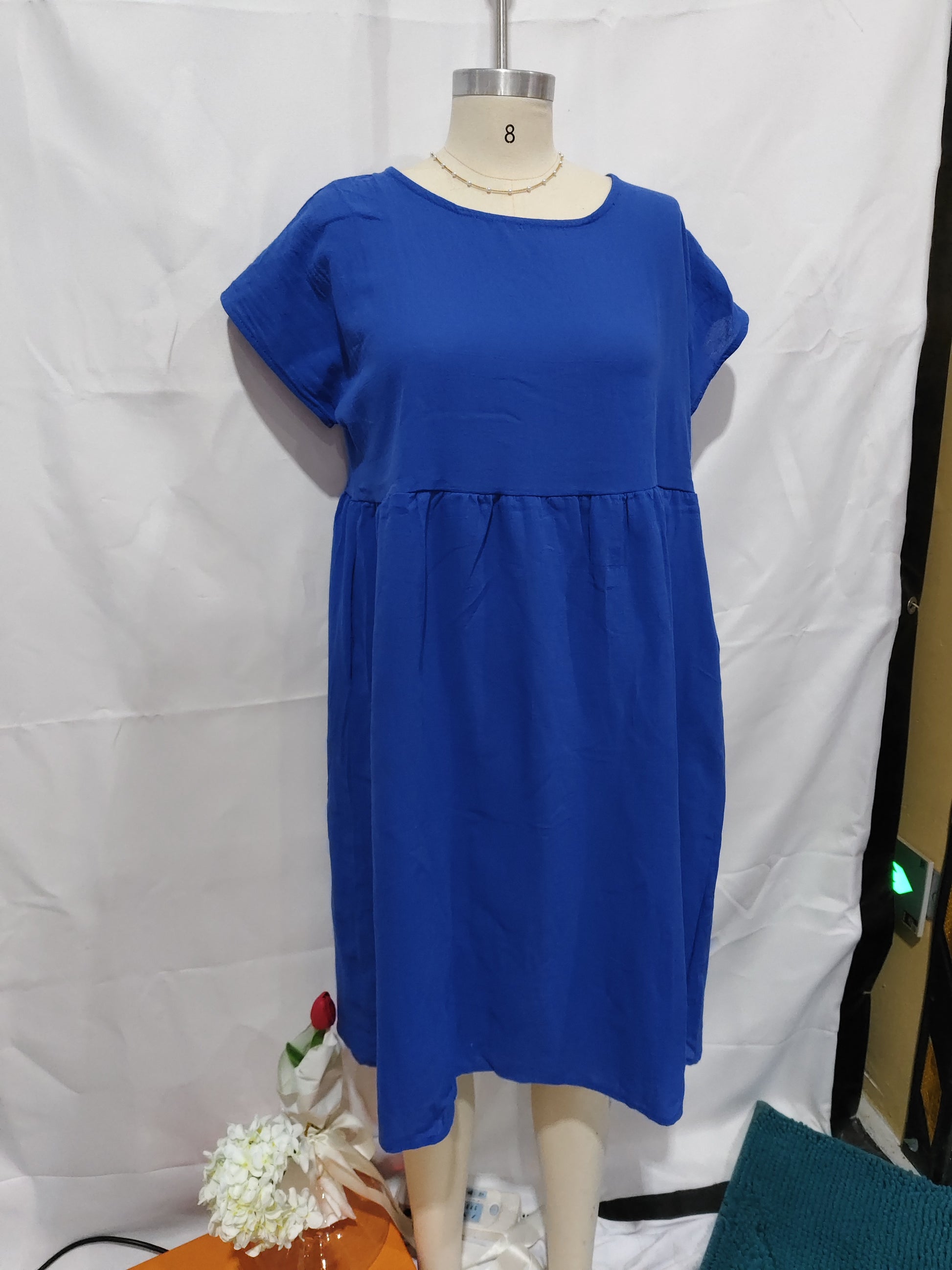 Summer Short-sleeved Dress With Pockets Fashion Solid Round Neck A-line Dresses For Women Clothing by DERILUJA LLC