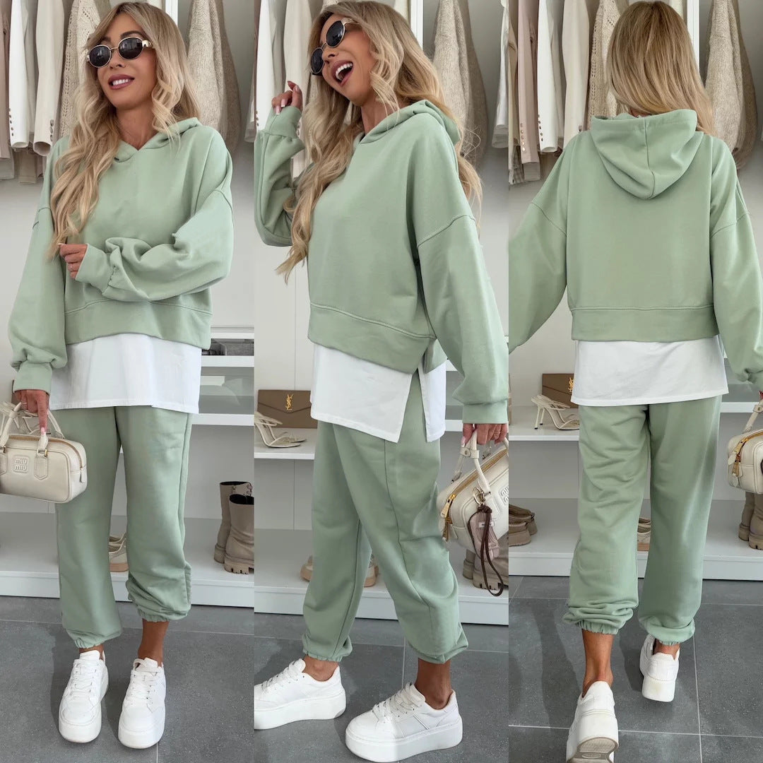 Hooded Sweatshirt Suit Loose Long Sleeve False Two-piece Tops And Jogger Sports Trousers Casual Spots Set For Women's Clothing by My Store