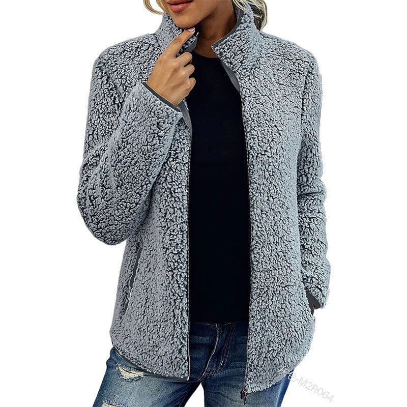 Fall Winter Warm Sweatshirt Stand Collar Solid Color Top Sweater Women's Casual Fashion Long Sleeve Zipper Bubble Velvet Coat Tops by My Store