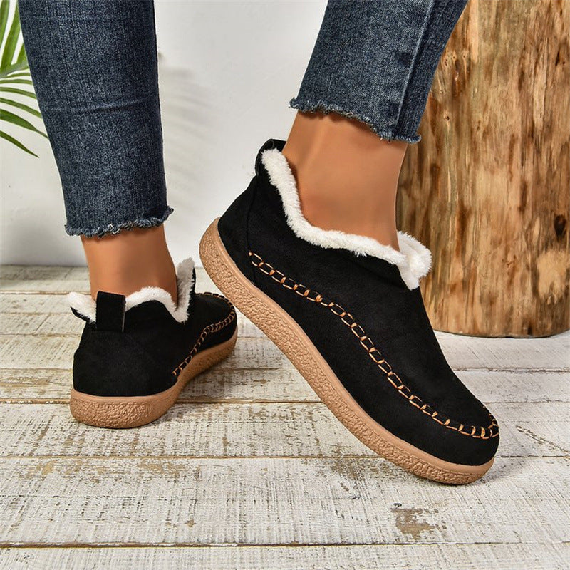 Fashion V-cut Plush Ankle Boots Winter Plus Velvet Flat Snow Boot Casual Warm Solid Suede Cotton Shoes For Women by DERILUJA LLC