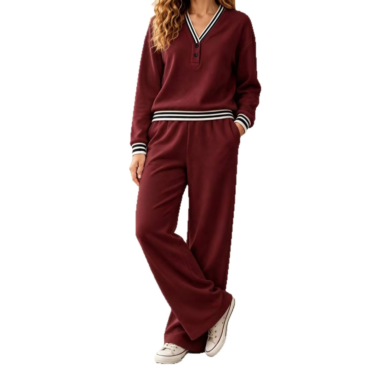 Womens V-neck Striped Sweatshirt And Wide-leg Pants Casual Lounge Set by DERILUJA LLC