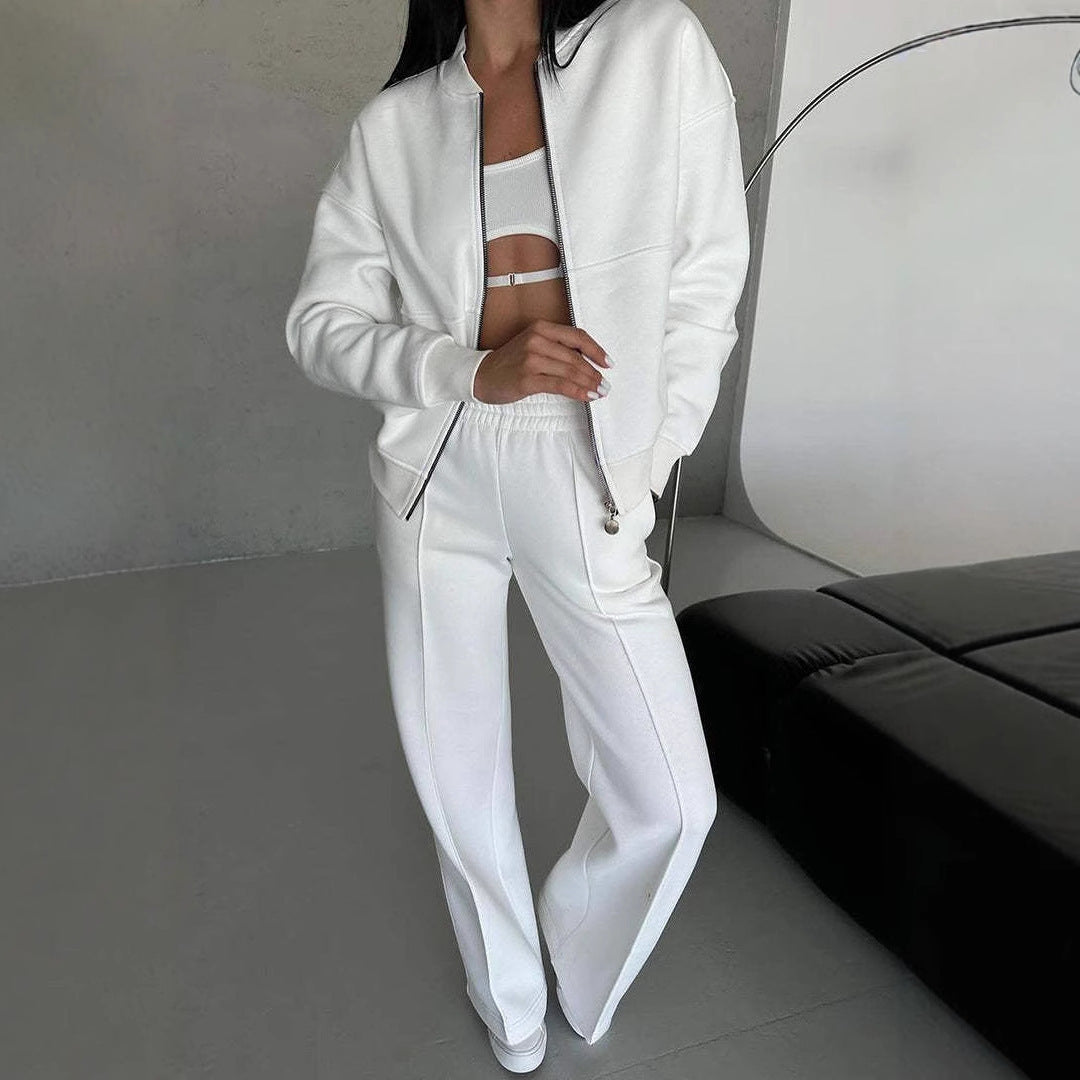 Women's Sports Suits Zipper Jacket And Wide Leg Pants Two-piece Set by My Store